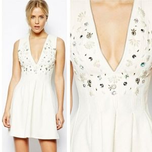 Asos Ivory Embellished Jaquard Skater Dress